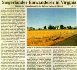 "Siegerländer Einwanderer in Virginia" 12.06.2004, Siegener Zeitung